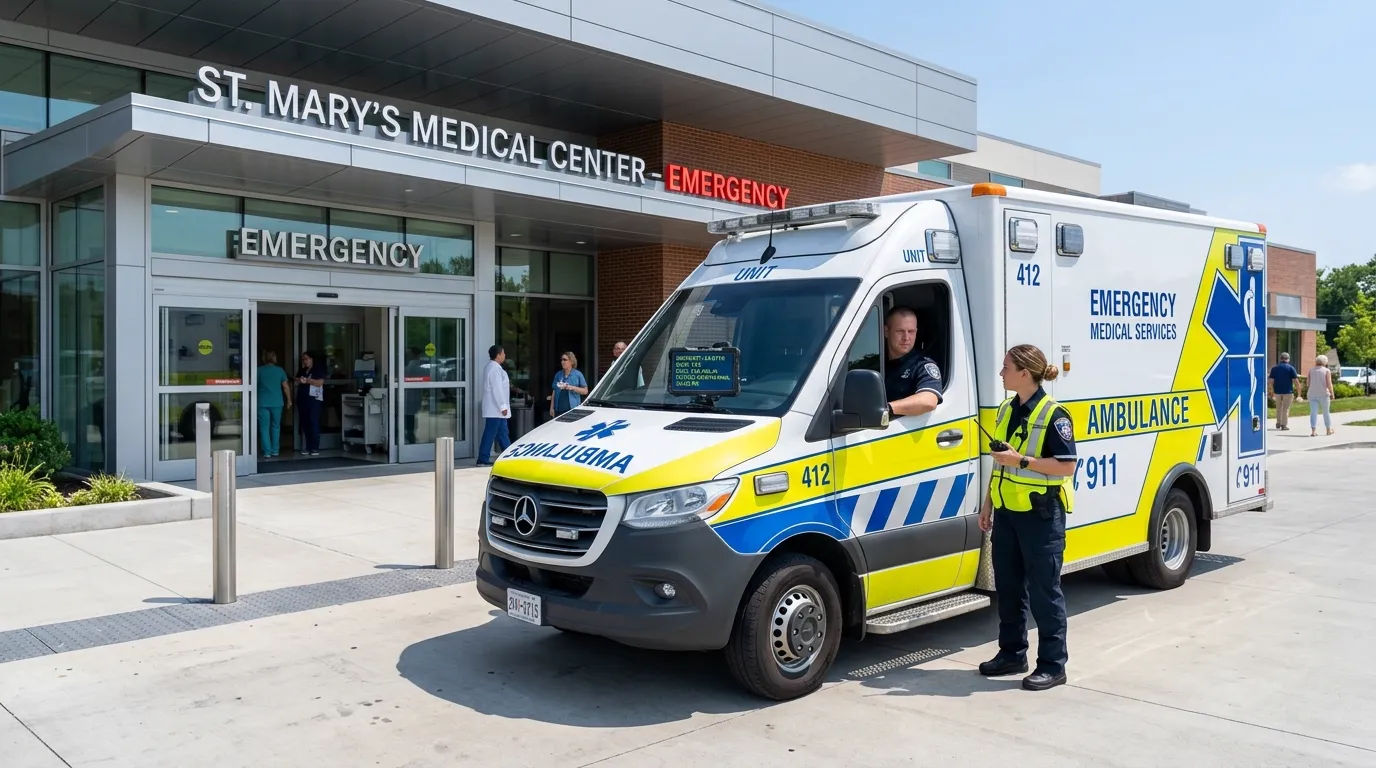 Modern emergency medical ambulance with paramedics and CAD dispatch equipment outside hospital