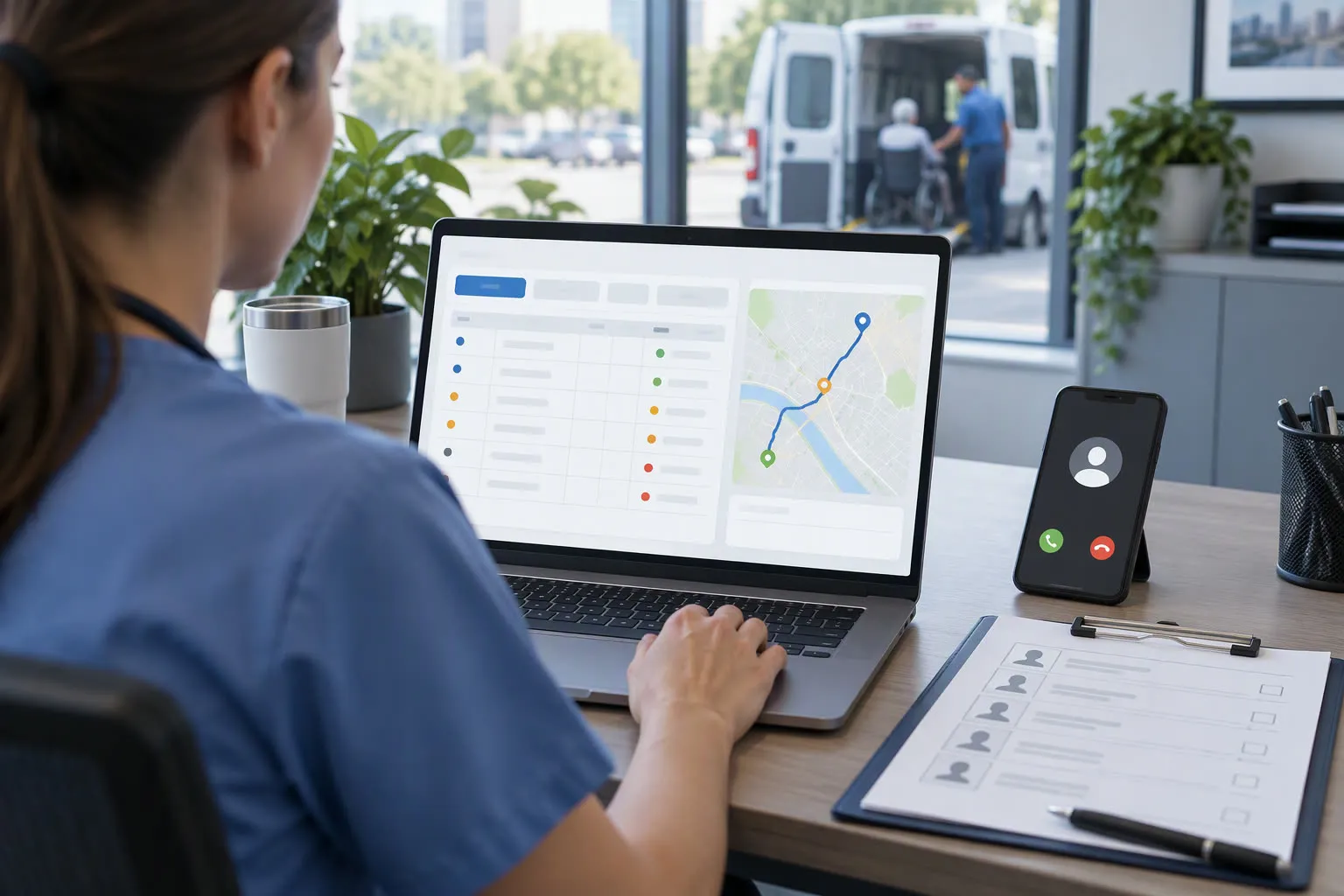 Coordinator operating the Alivi and Veyo Medicaid transportation provider portal on a laptop