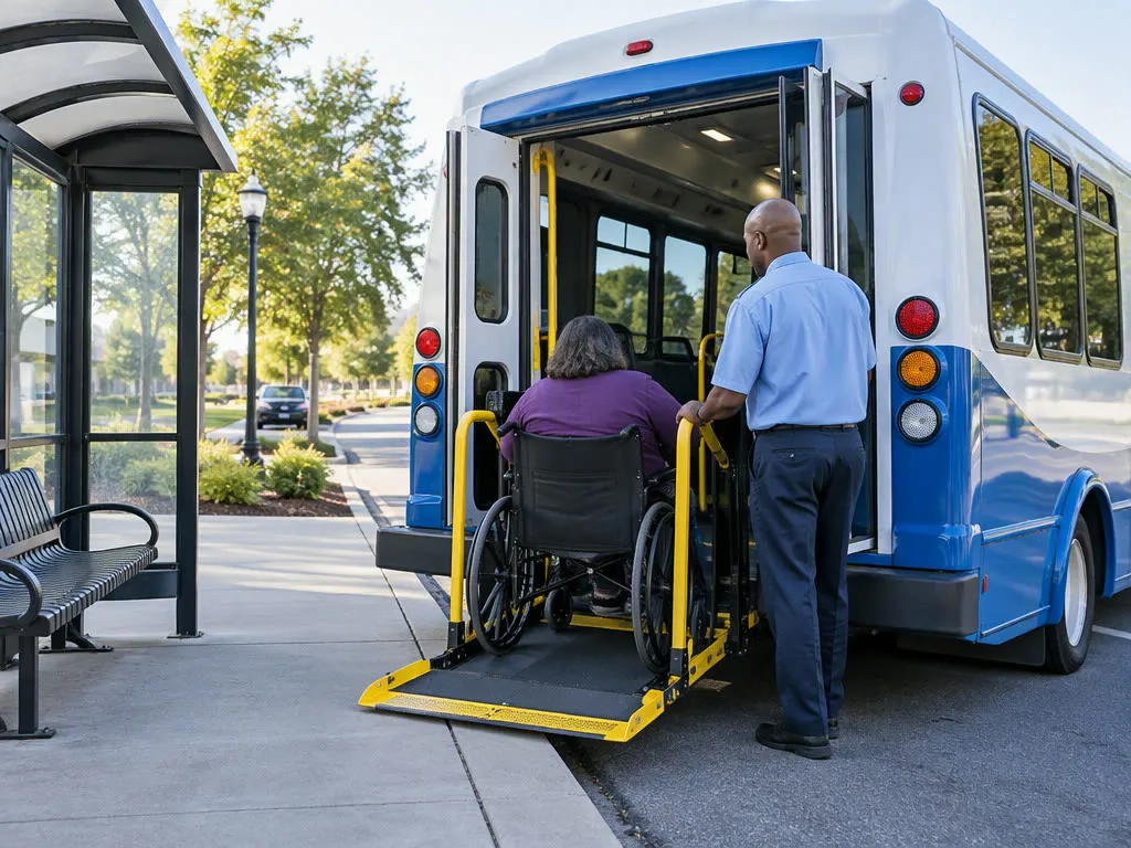 Demand-responsive transit minibus picking up a wheelchair passenger at a bus shelter