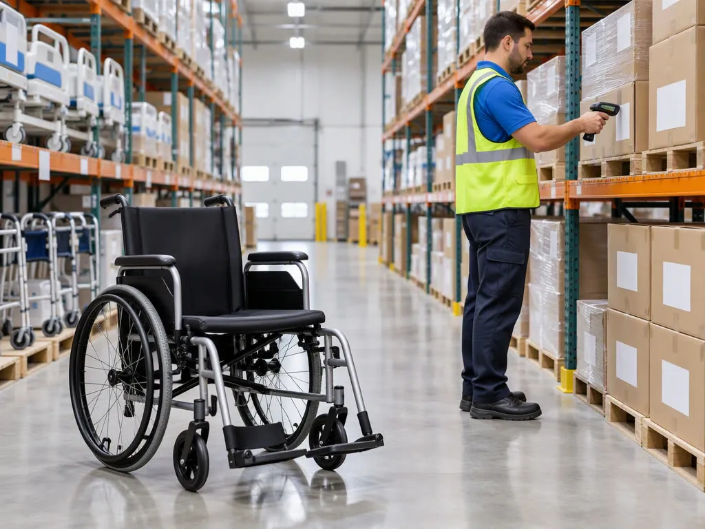 Durable medical equipment warehouse with wheelchair and billing staff