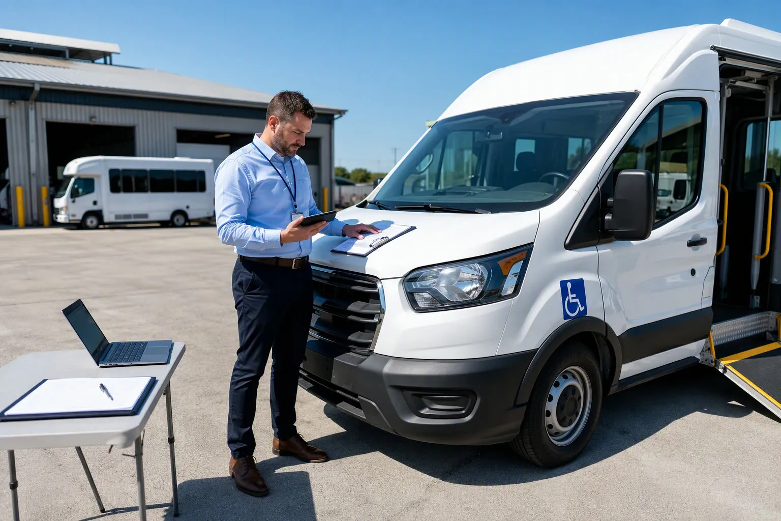 DRT Pros auditor reviewing a medical transport fleet van during a free operations audit