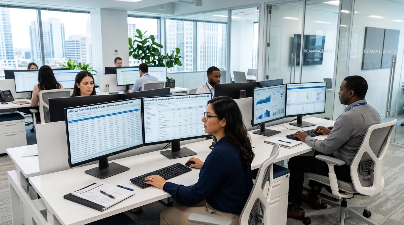 Healthcare revenue cycle and medical billing specialists reviewing CMS-1500 claims on monitors in clean white office