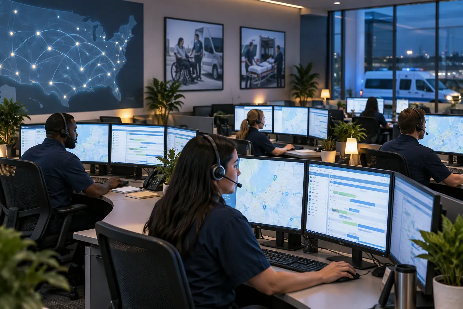24/7 medical transportation call center floor with dispatchers answering rides