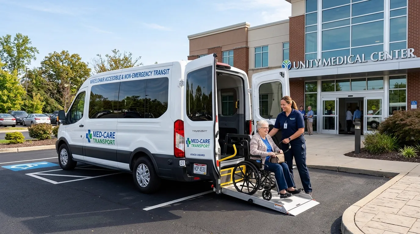Modern wheelchair accessible NEMT van with driver assisting passenger outside medical clinic