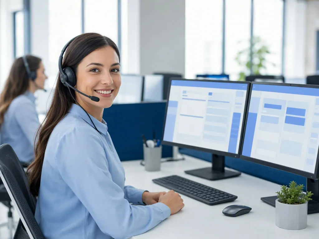 Call center agent with headset making NEMT appointment reminder calls