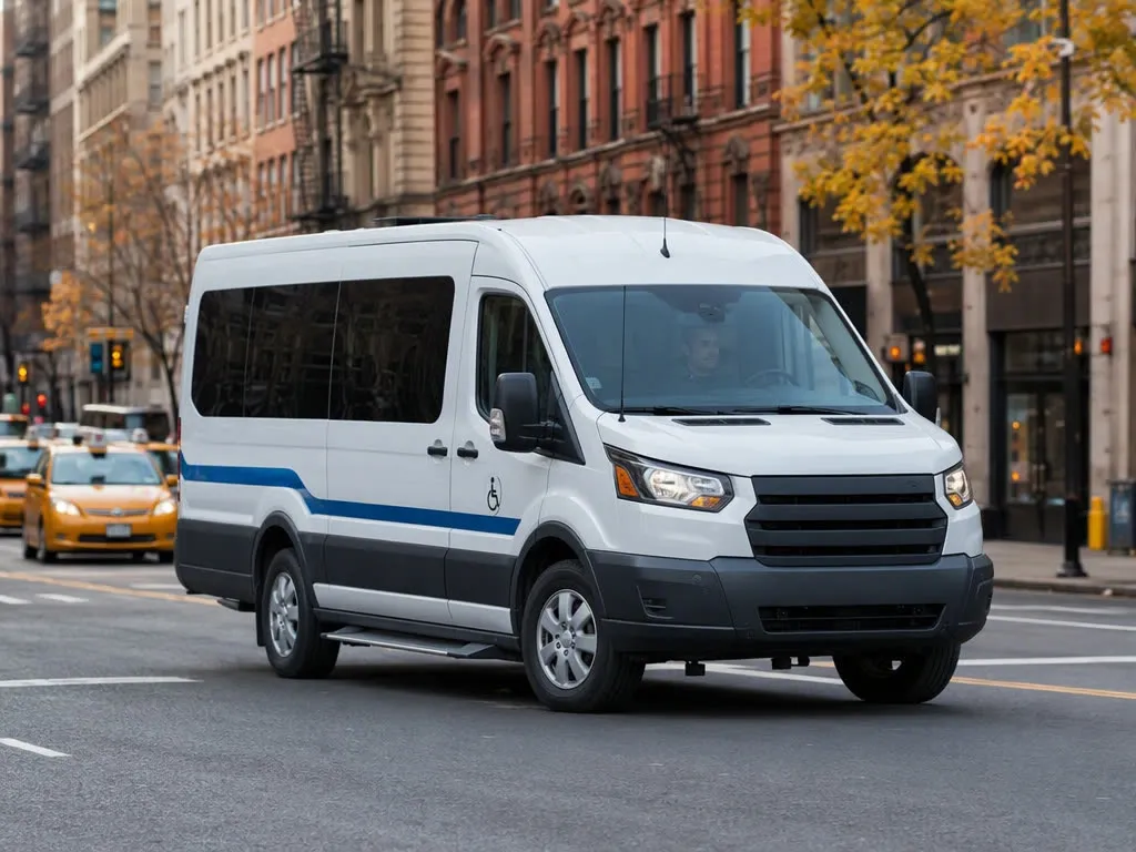 Wheelchair-accessible NEMT van on a Manhattan street with brownstones and yellow cabs