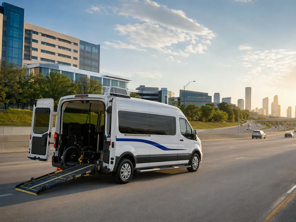 NEMT transport van on a Texas freeway near a medical campus at golden hour