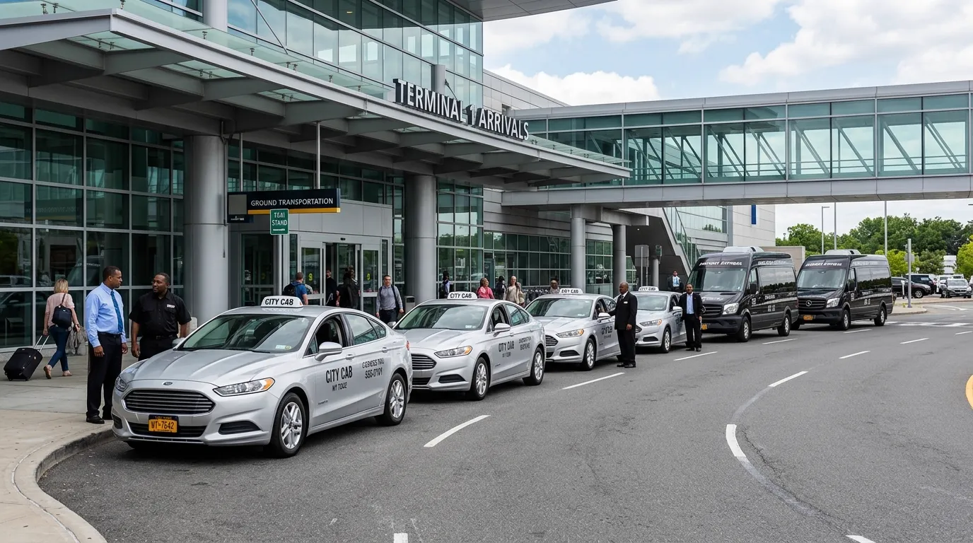 Modern city taxi fleet sedans and executive shuttles lined up outside airport terminal